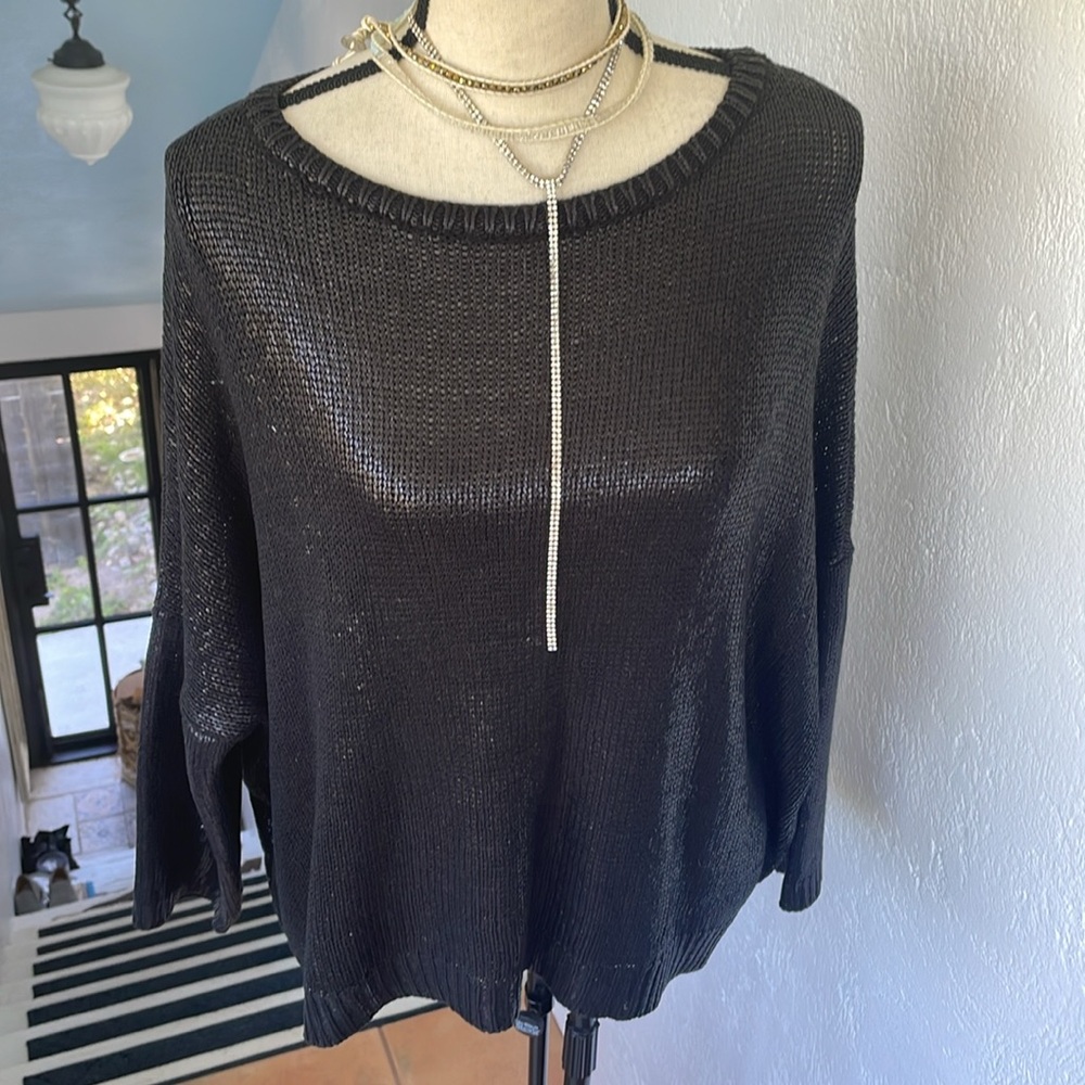 ZARA Knit black Wet Look Sweater with Dolman style sleeves Size Medium